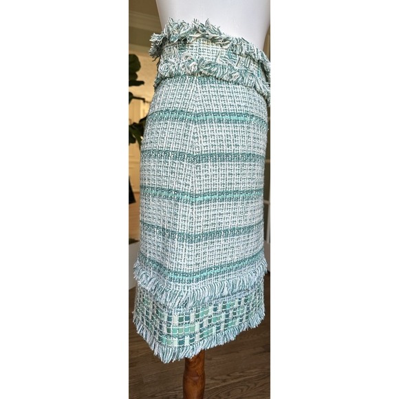 Tory Burch Nora Skirt Size 8 Green White Tweed Fringe Trim Designer Women's - Picture 4 of 12